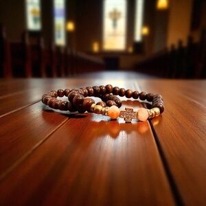 Exotic Wood Beaded Cross Bracelet Set w Gold & Crystal Accents